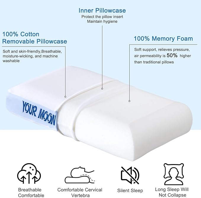 YOUR MOON Memory Foam Travel Pillow, Pure Cotton Cover, Compressible Camping Pillow for Sleeping, Portable Backpacking Support Pillows for Hiking, Car & Airplane (Blue White)