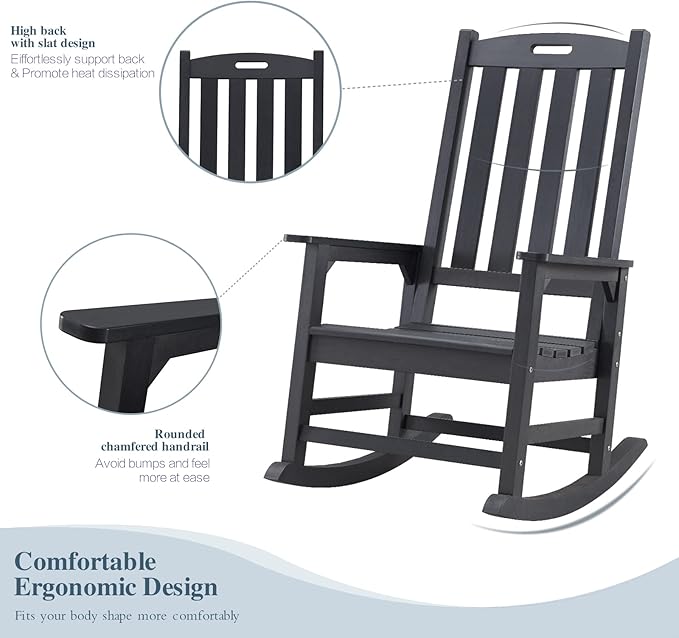 Psilvam Oversized Outdoor Rocking Chair Set of 2, Porch Rocker with 21" Wide Seat and 32" Tall Backrest, Pre-Assembled with Most Components for Effortless Installation (Carbon Black)