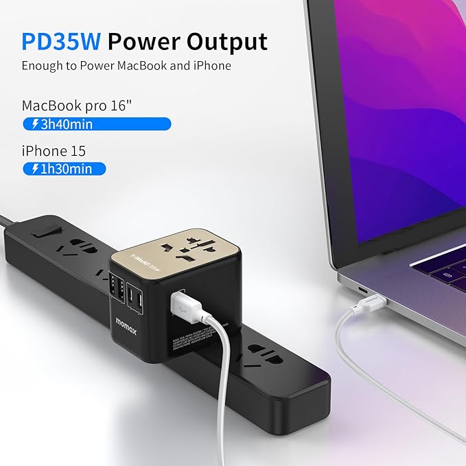 MOMAX Universal Travel Adapter, PD 35W Fast Charge International Power Adapter, 3 USB C & 2 USB A, Worldwide Travel Plug Adapter, International Power Adapter for Europe, USA, Japan, Aus(Type C/A/G/I)