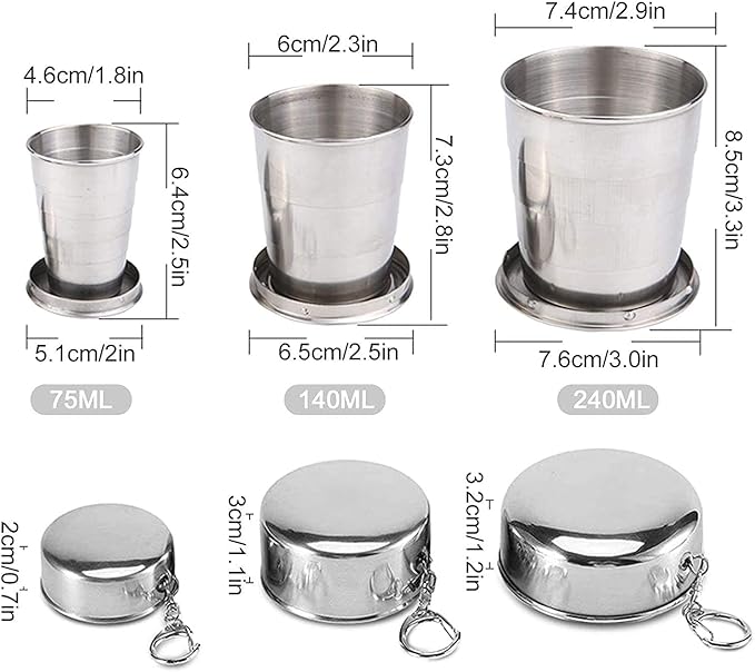 Guyuyii 3-Pack Collapsible Cups with Lid and Keychain – Stainless Steel Foldable Drinkware for Travel, Outdoor Activities, Home Use, Camping, Work, Events, Daily Hydration, and Amusement Parks