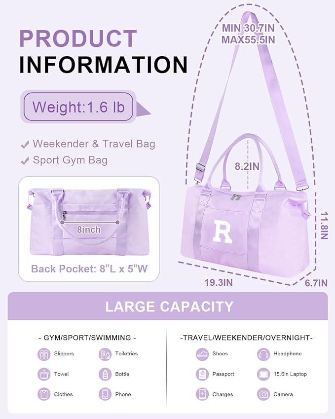 Daughter Niece Gifts for Teen Girl Kids, Initial Travel Duffel Bag Sports Gym Bag Personalized Gifts Weekender Bag，Monogram Overnight Bag Cute Dance Bag Birthday Bridesmaid Gifts for Women(Purple, R)