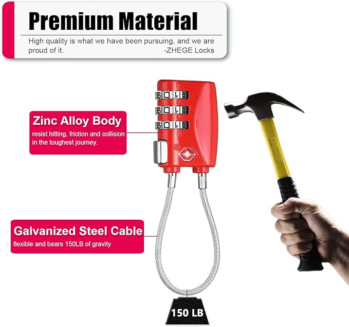 ZHEGE TSA Locks for Luggage 3 Digit Cable Padlock with Alloy Body for Suitcase, Baggage, Backpack, Pistol Case (2 Pack, Red)