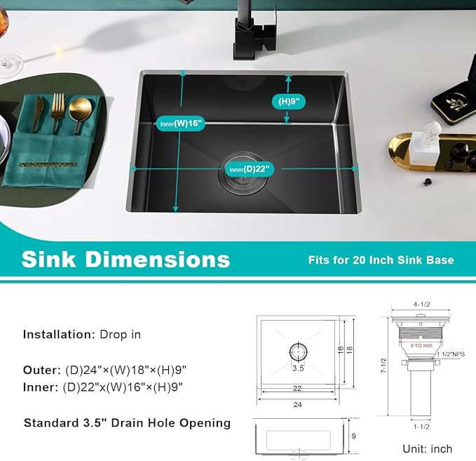 24x18 Inch Undermount Kitchen Sink Nano Black,18 Gauge Stainless Steel Single Bowl Kitchen Sink 9 Inch Deep Bowl Sink Undermount, 24"x18"x9"