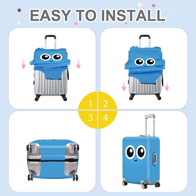 ANNA QUEEN Cute Smiley Face Luggage Cover, Blue Cartoon Suitcase Protector with Big Eyes Design, Stretchable, Washable Travel Cover for 20-22 Inch Luggage