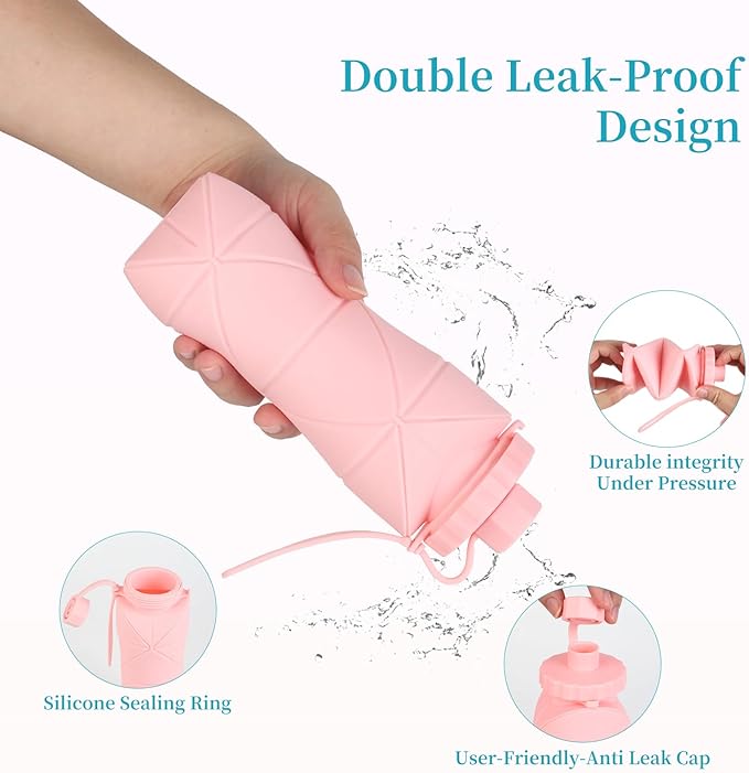 Silicone Collapsible Water Bottles,Lightweight Reusable Leakproof For Traveling Camping Hiking Cycling Sports Outdoor,Foldable Portable Travel Water Bottle 600ML Pink 1Pack.