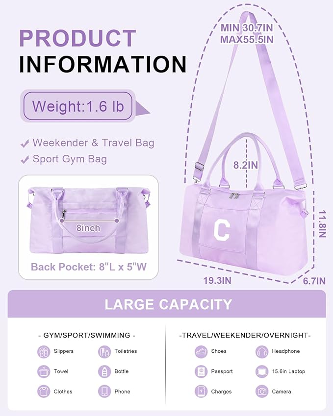 Daughter Niece Gifts for Teen Girl Kids, Initial Travel Duffel Bag Sports Gym Bag Personalized Gifts Weekender Bag，Monogram Overnight Bag Cute Dance Bag Birthday Bridesmaid Gifts for Women(Purple, C)
