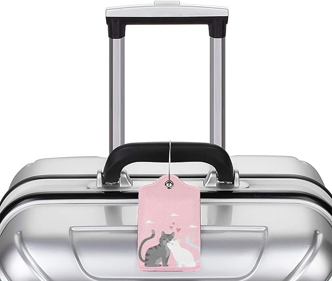 2PC Cats in Love Pattern Luggage Tag with Pink Background, Sublimation Printed Travel Suitcase Baggage Identifiers Tags for Women Men Couple Mr Mrs Children Kids Honeymoon Wedding Gift