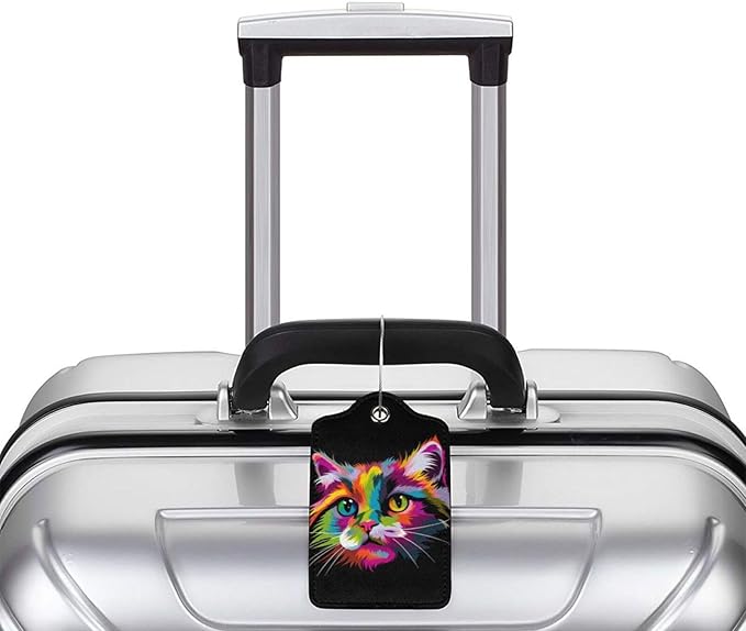 Cat Leather Luggage Tag with Stainless Steel Ring, Fun Name Id Card Cover Travel Bag Tag Set, Suitable for Travel Bag Luggage Women Men 4 PCS