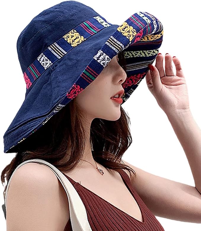 Women Wide Brim Sun Hats Metal Wired Edge Summer UV Protection Beach Fishing Hat for Hiking Garden Travel Chin Strap