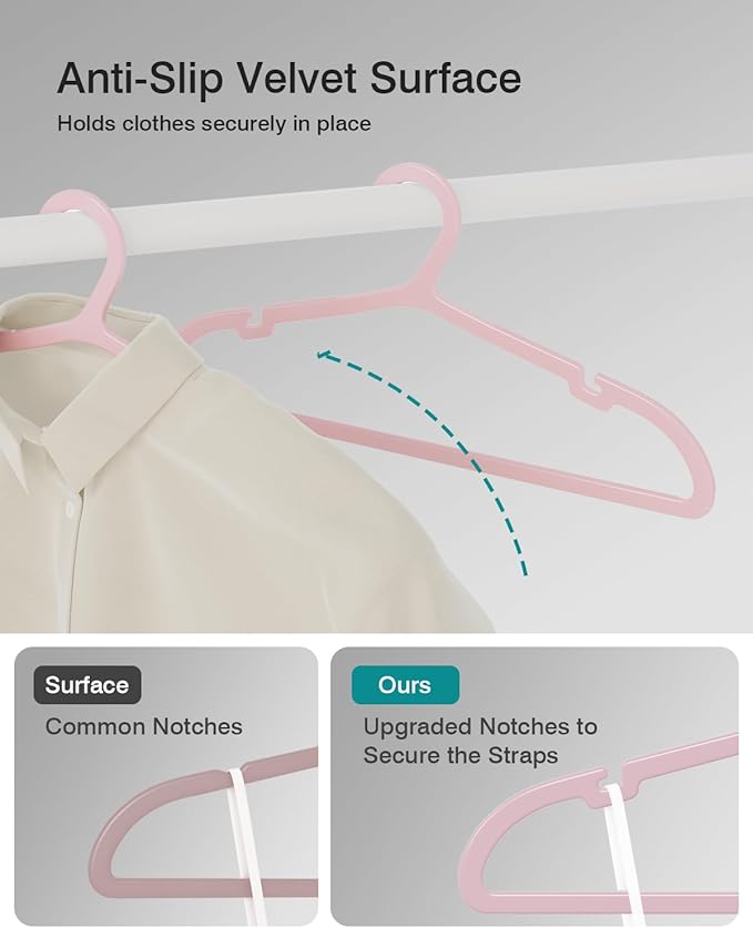 100 Pack Clothes Hangers, Non Slip Plastic Coat Hangers, Space Saving, Heavy Duty, Hanging Dry Wet Clothes, 16.4" x 8.3", Light Pink, UAPY05100P