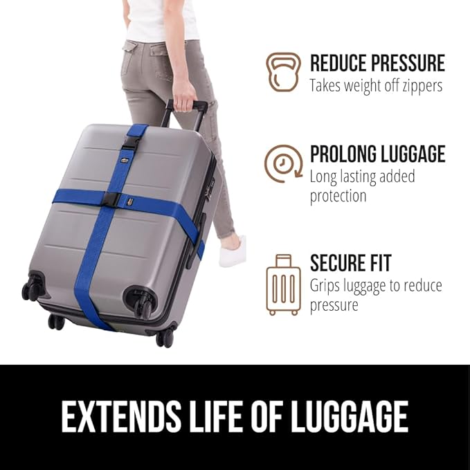 GORILLA GRIP Heavy Duty 4 Pack Adjustable Luggage Straps for Suitcases, Easy to Identify Travel Belt Connector Holds Suitcase Together, Extends Life of Bag, Strap Connects Two Bags, Accessories Blue
