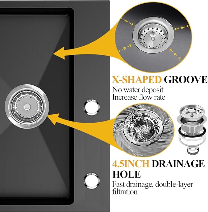 Black Kitchen Sink, Stainless Steel Topmount 25x22x9 Inch Single Bowl Drop In Kitchen Sink Combo- Stainless Grid,Soap Dispenser,Faucet Mat,Drain Strainer Set for Modern Style Kitchen&Bar