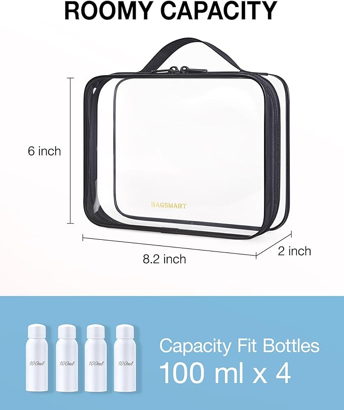 BAGSMART TSA Approved Clear Toiletry Bag, 2 Packs Quart Size Water Resistant Makeup Cosmetic Bags for Women, Airport Airline Travel Essential Carry On Organizer with Handle Large Opening, Black