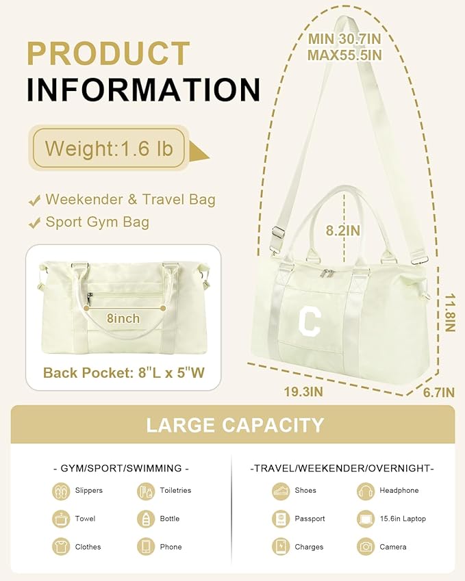 Initial Travel Duffel Bag Sports Gym Bag for Kids Teen Birthday Gifts,Beige Personalized Weekender Bag Carry On Dance Bags for Women Men,Waterproof Monogram Overnight Bag with Trolley Sleeve(Letter C)
