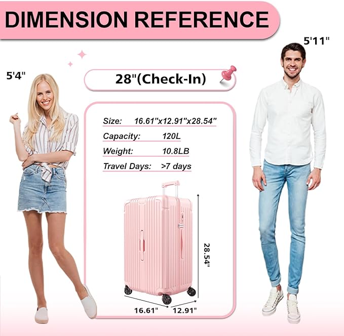 Krute Luggage 28 Inch Suitcase with 4 Universal Wheels TSA Lock PC+ABS Hardside Checked Luggage (Pink)