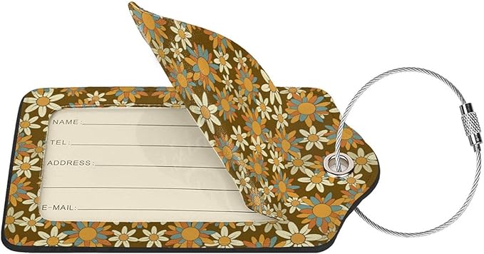 Flowers Leather Luggage Tag with Stainless Steel Ring, Fun Name Id Card Cover Travel Bag Tag Set, Suitable for Travel Bag Luggage Women Men 4 PCS
