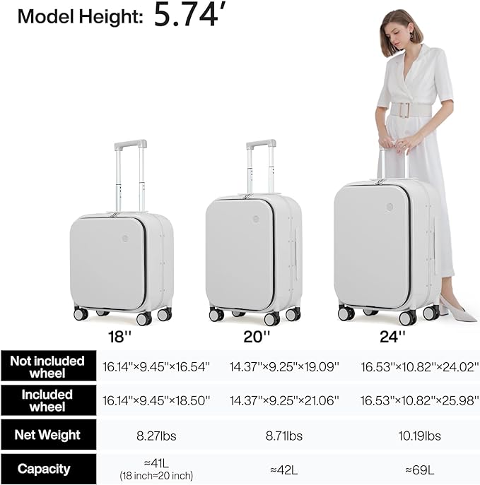 mixi Luggage Suitcase with Spinner Wheels, 24'' Checked Travel Luggage Aluminum Frame PC Hardside with TSA Lock & Cover - Smoke White