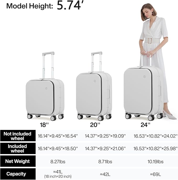 mixi Carry On Luggage, 20'' Suitcase with Front Laptop Pocket, Travel Rolling Luggage Aluminum Frame PC Hardside with Spinner Wheels & TSA Lock and Cover - Smoke White