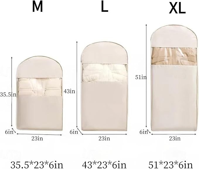 Space Saving Hanging Garment Bag With Self Compression Zipper,Garment Bags for Travel,Dust Cover for Coats Down Jackets, Closet Clothes Organizer with Clear Window (Beige, L*2Pcs)