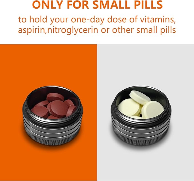 Small Pill Box, Portable Daily Box, Aluminium Alloy Round Container for Pills, Pocket Case (Gray)