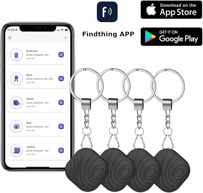Key Finder 4-Pack, Bluetooth Tracker Item Locator with Key Chain - Both iOS and Android Compatible for Keys Pet Wallets or Backpacks and Tablets