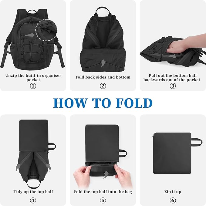 ZOMFELT Hiking Backpack for Women Men, 15L Lightweight Packable Backpack for Trip, Water Resistant Small Travel Backpacks, Foldable daypack for Hiking, Walking, Cycling, Camping, Black