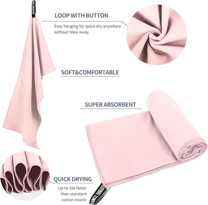 Microfiber Travel Towel, Soft Lightweight Quick Dry Towel, Super Absorbent Compact Travel & Sports & Beach Towels for Camping, Backpack, Gym, Swimming, Yoga, Hiking (L:24"×48" -Light Pink)