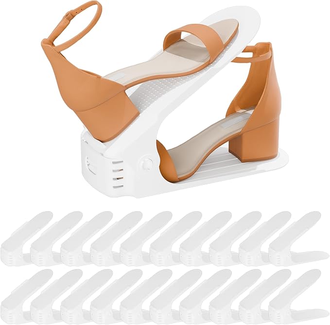 Shoe Slots Organizer, 20PCS Adjustable Double Layer Stack Shoe Rack, 50% Space-Saving Storage Rack Holder, White