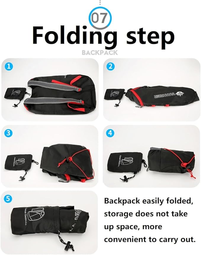 16L Hiking Daypack Lightweight Foldable Travel Backpack Water Repellent Camping Outdoor Packable Easy Carry-on Bag (Black+Red)