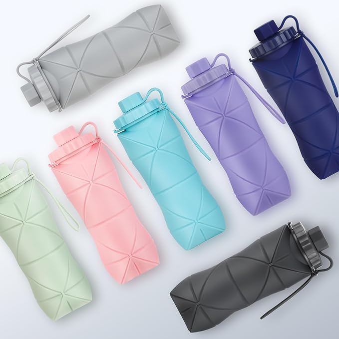 YCT Collapsible Silicone Travel Water Bottle 20oz (600ml), Reuseable Leakproof BPA Free Foldable Sports Bottle, with Carrying Strap, Blue