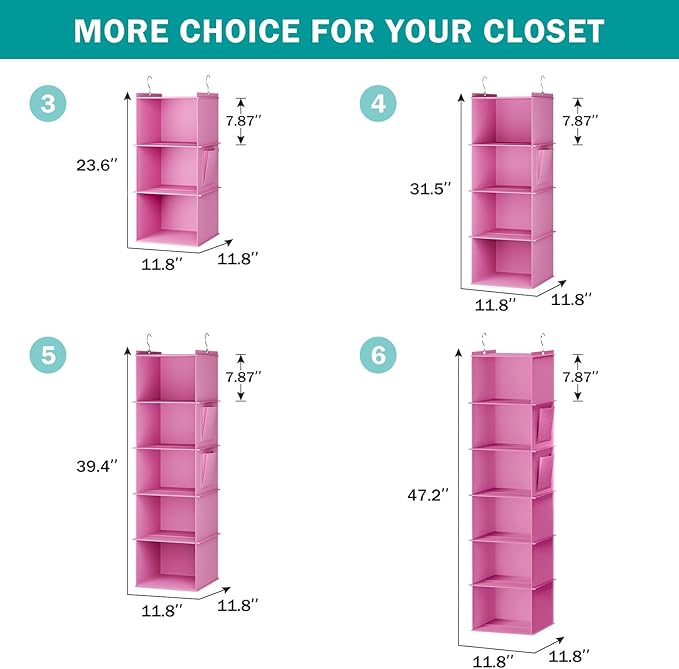 YOUDENOVA Hanging Closet Organizer, 3-Shelf Closet Hanging Storage Shelves, Light Pink