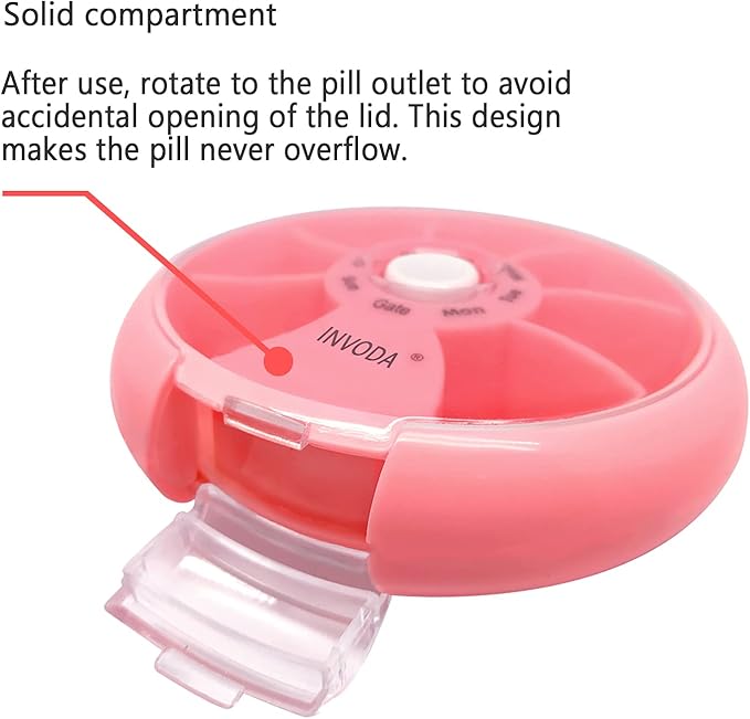 INVODA Weekly Pill Organizer 7 Compartment Rotating Pill Box for Daily Medication & Vitamins - Portable Travel Pill Case Fish Oil Supplements Vitamins Organizer (Pink+Bag)