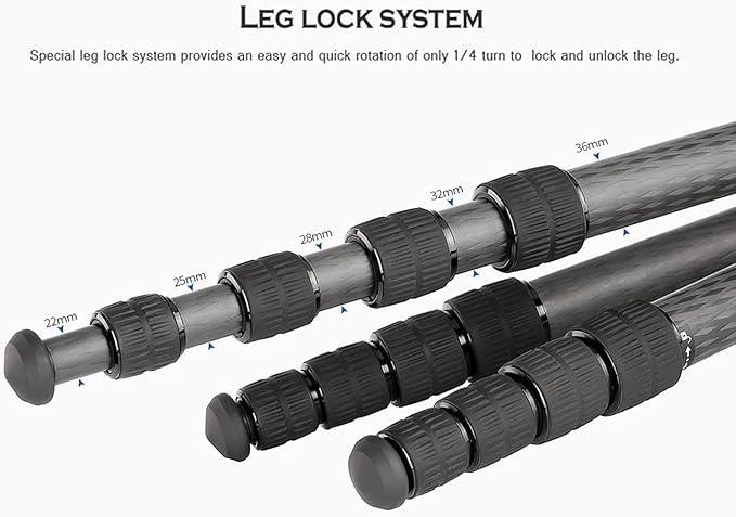 Leofoto 60" Lightweight Carbon Fiber Travel Tripod, Professional Compact Tripod for Camera DSLR Video, Max Load 44Lbs/20KG (LS-365CX)