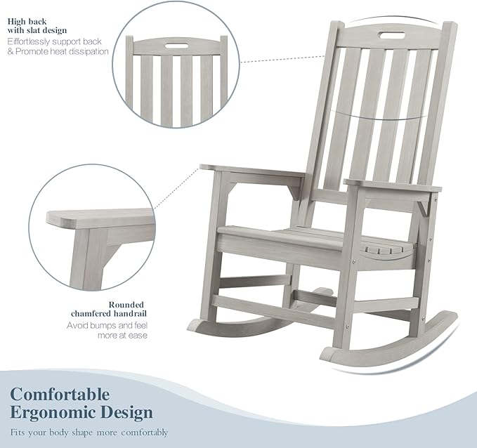 Psilvam Oversized Outdoor Rocking Chair Set of 2, Porch Rocker with 21" Wide Seat and 32" Tall Backrest, Pre-Assembled with Most Components for Effortless Installation (Grey)