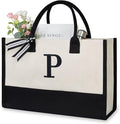TOPDesign Embroidery Initial Canvas Tote Bag, Personalized Present Bag, Suitable for Wedding, Birthday, Beach, Holiday, is a Great Gift for Women, Mom, Teachers, Friends, Bridesmaids (Letter P)