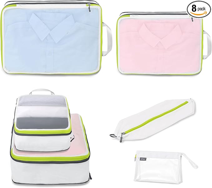 Cipway Compression Packing Cubes Mesh, Lightweight Luggage Organizer Bags with Laundry Bag,Toiletries Bag and Shoe Bag, Travel Essentials for Carry on Suitcase（8Pcs,White）