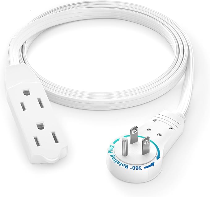 Maximm Cable 3 Ft 360° Rotating Flat Plug Extension Cord/Wire, 16 AWG Multi 3 Outlet Extension Wire, 3 Prong Grounded Wire - White - UL Certified