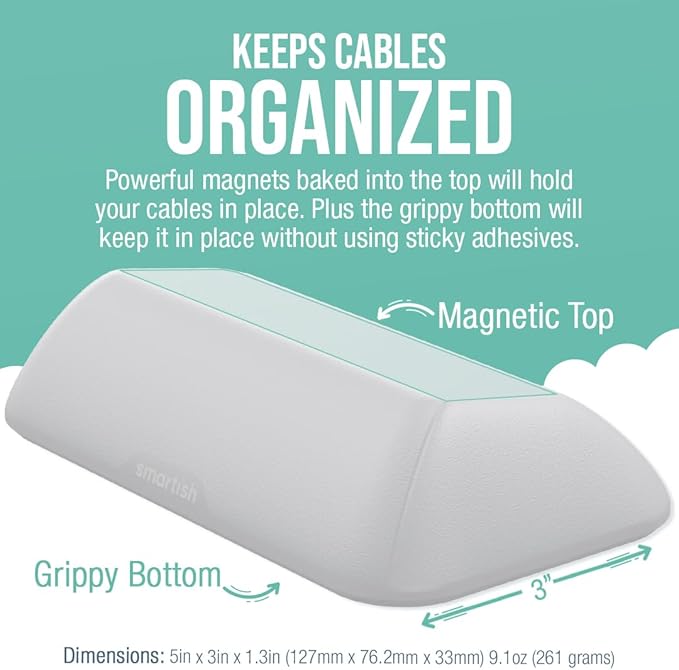 Smartish® Magnetic Cord Holder - Bigger Cable Wrangler Organizer with Magnet Clips for Charger Management on Desktop, Nightstand, or Side Table - Holds 6+ Cables - Snow Day White