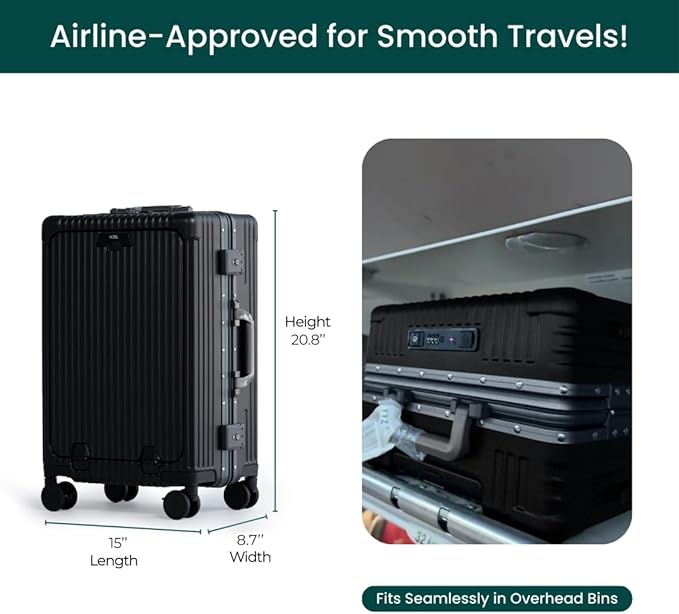 Nobl Travel Carry On Luggage, Noble Zipperless Aluminum Frame PC Hard Shell Suitcase, 20.8"x15"x8.7" Airline Approved, 360° Spinner Wheels, TSA Locks, USB Charging Port, Cup & Phone Holder - Black