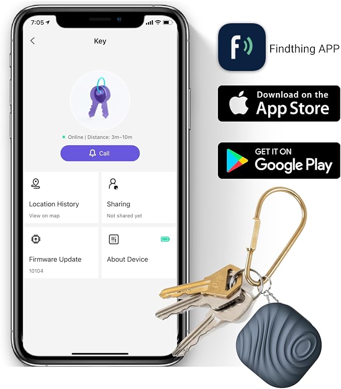 Findhting Key Finder Tag - Bluetooth Tracker Item Locator with Key Chain - Both iOS and Android Compatible for Keys Pet Wallets or Backpacks and Tablets (Blue-One)