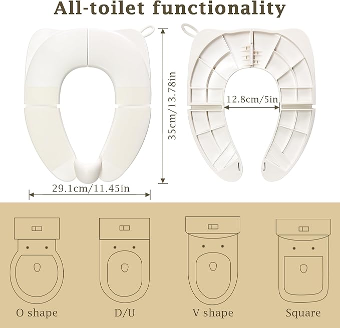 Portable Toilet Seat for Kids, Foldable Universal Fit Potty Training Seat with Anti-Slip Base & Splash Guard Travel Toilet Seat with Storage Bag, Easy Clean-White
