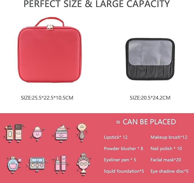 Makeup Bag with Led Mirror,Travel Makeup Organizer with 3 Color Setting & 10X Magnifying Mirror, Portable Storage and Adjustable Dividers Travel Makeup Bag-light red