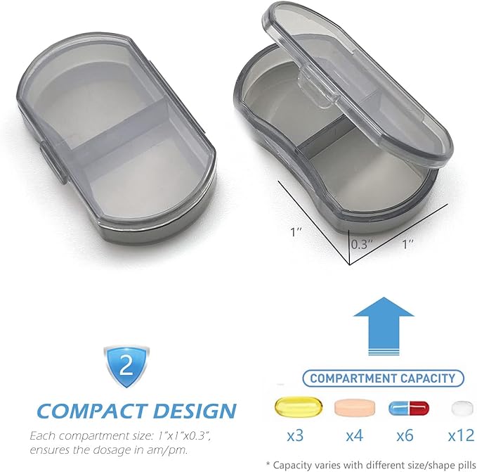 VOFOON Small Pill Organizer, Travel Pill Box for Purse, Keychain Pill Holder, Pocket Pill Container, 2 Times a Day Daily Portable Medicine Vitamin Case, Fish Oil Box, Supplement Box