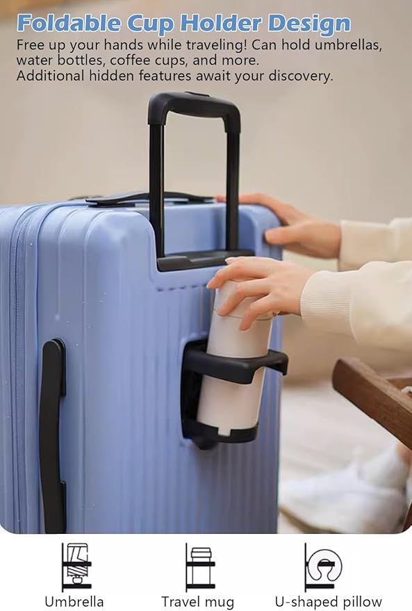 HotWay 19 Inch Expandable Carry On Luggage with Cup Holder, Hardside TSA Approved Luggage with Spinner Wheels, Top Opening Suitcase For Travel, White