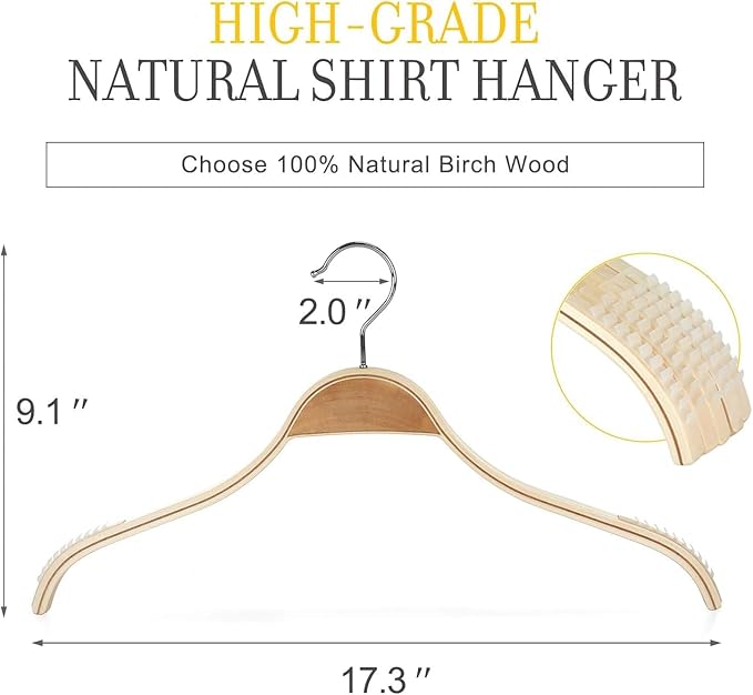 TOPIA HANGER Slim Natural Wood Hangers with Extra Soft Non-Slip Rubber Grips, 30-Pack High-Grade Fashion Hanger No Shoulder Bump for Sweaters, Hoodies, Jacket, Dress, Coat -CT15N30
