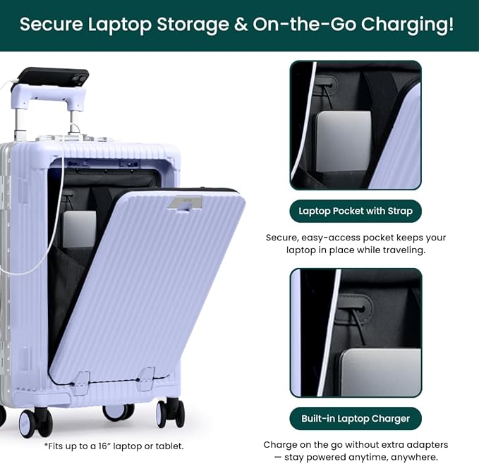 Nobl Travel Carry On Luggage, Noble Zipperless Aluminum Frame PC Hard Shell Suitcase, 22.5x15x9.5 Airline Approved, 360° Spinner Wheels, TSA Locks, USB Charging Port, Cup & Phone Holder - Lavender