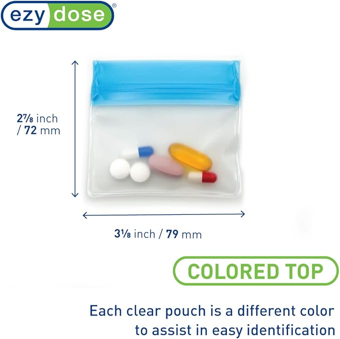 EZY DOSE Reusable 7-Day Pill Pouch Set, Durable Multi-Purpose Travel-Sized Containers, Includes Colors for Easy Identification, Large Storage, Clear, BPA Free, TSA Approved