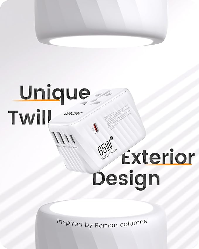 LENCENT International Travel Adapter, 65W GaN3 Universal Fast Charger with 2 USB A + 3 Type C PD, Worldwide Power Adaptor for Phones,Laptops, All in One Travel Essentials for EU/USA/UK/AU, White