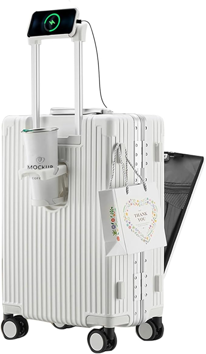 feilario 20in Aluminium Frame PC Hard Shell Spinner Wheels Luggage, Built-In TSA lock Carry on Suitcase, with Cup Holder, USB Port, Phone Holder