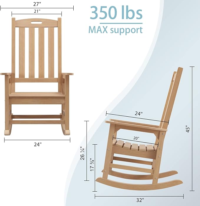 Psilvam Oversized Outdoor Rocking Chair, with 21" Wide Seat and 32" Tall Backrest, Pre-Assembled with Most Components for Effortless Installation (Teak Color)